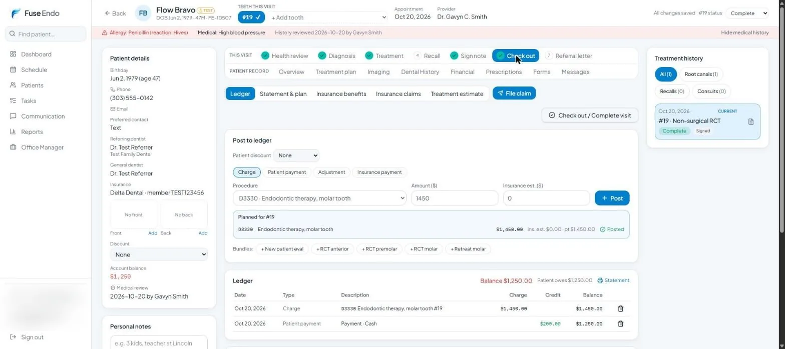 Check-out step with post-to-ledger, claim filing and ledger for fictional test patient Flow Bravo